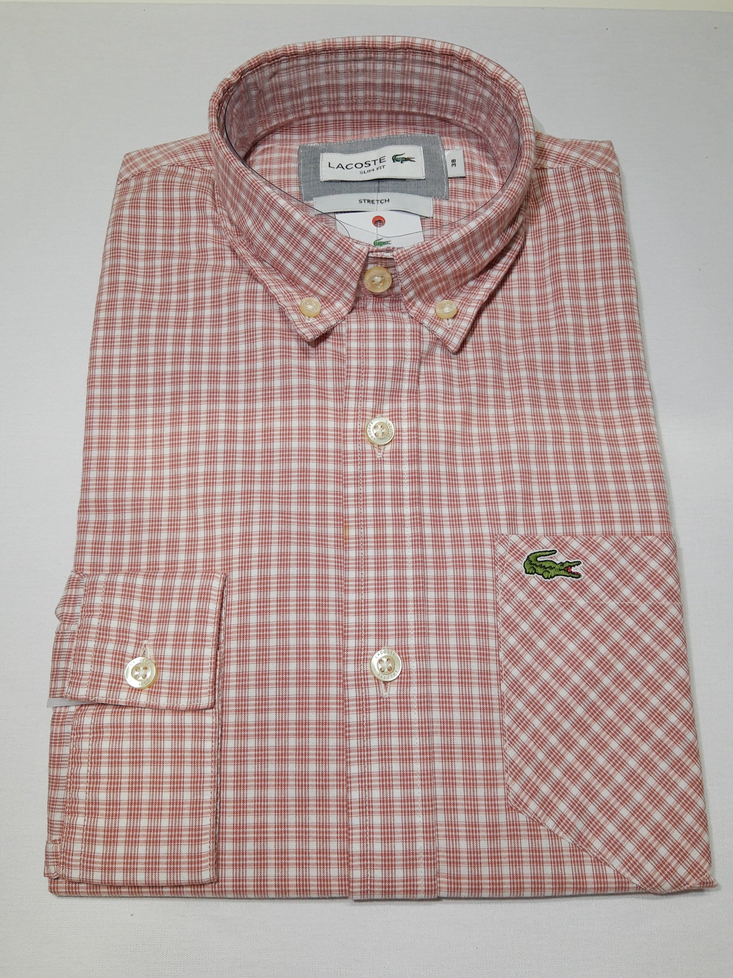 Camisa Lacoste Blanco con Cuadros Rojos Slim Fit Stretch - CH4981